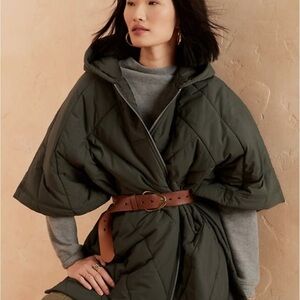 EUC Banana Republic Olive Green Quilted Hooded Cape Poncho S/M w/ free new Belt!